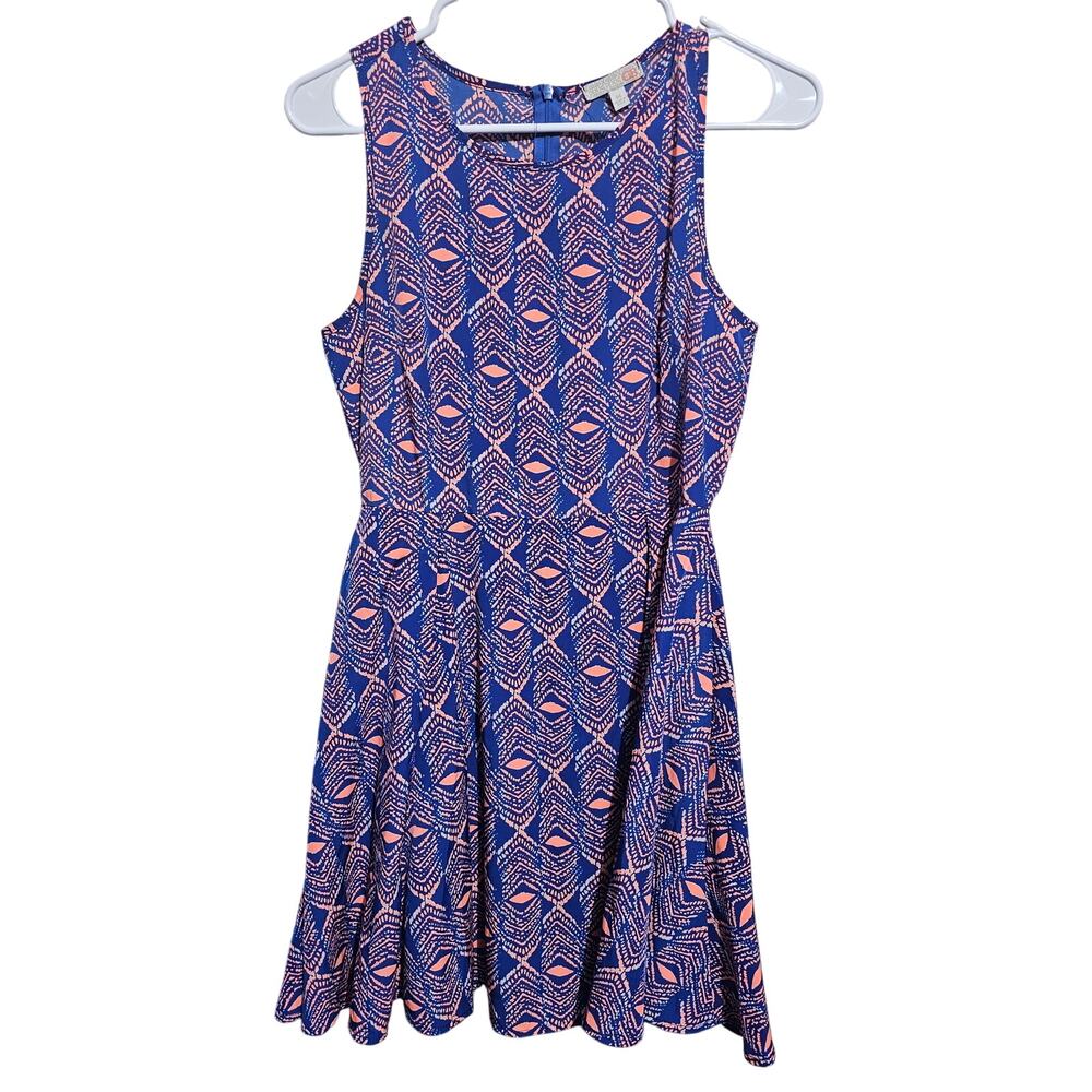 Gianni Bini Dress Sleeveless Fit & Flare Graphic Skater Coral Blue Medium(923)